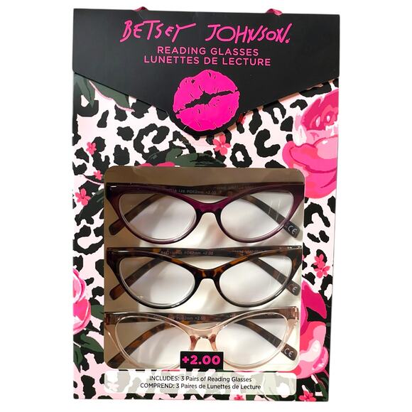 Betsey Johnson +2.00 Reading Glasses Readers 3 Pack Set Cat Eye - Picture 1 of 11